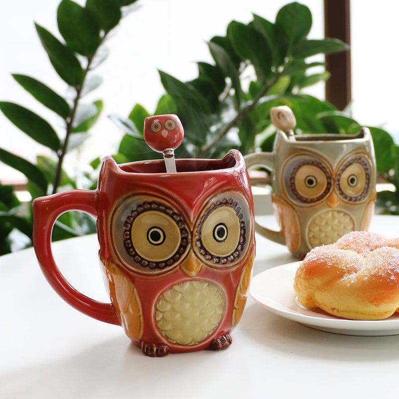 SQOWL 3D Coffee Mug Cute Set of 2 Owl Ceramic Coffee Mugs with spoons Office Tea Cups for Women Men 12 oz Cyan and Red - Image 2